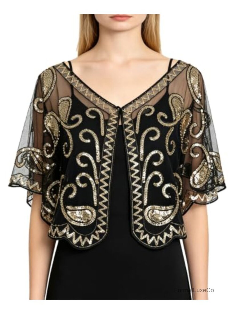 Lace Flapper Capelet Vintage 1920s Sequin Shawl Wrap Evening Dress Cover Up